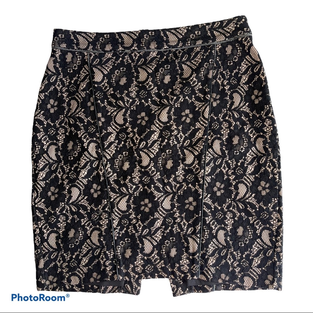 Express Cream Black Lace Knee Length Pencil Skirt